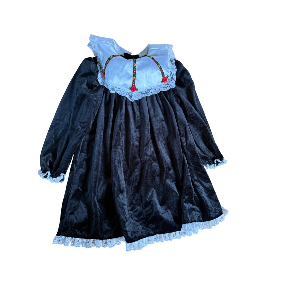 Vintage First In First Out Girls Black Velvet Dress Lace Floral Bib Collar